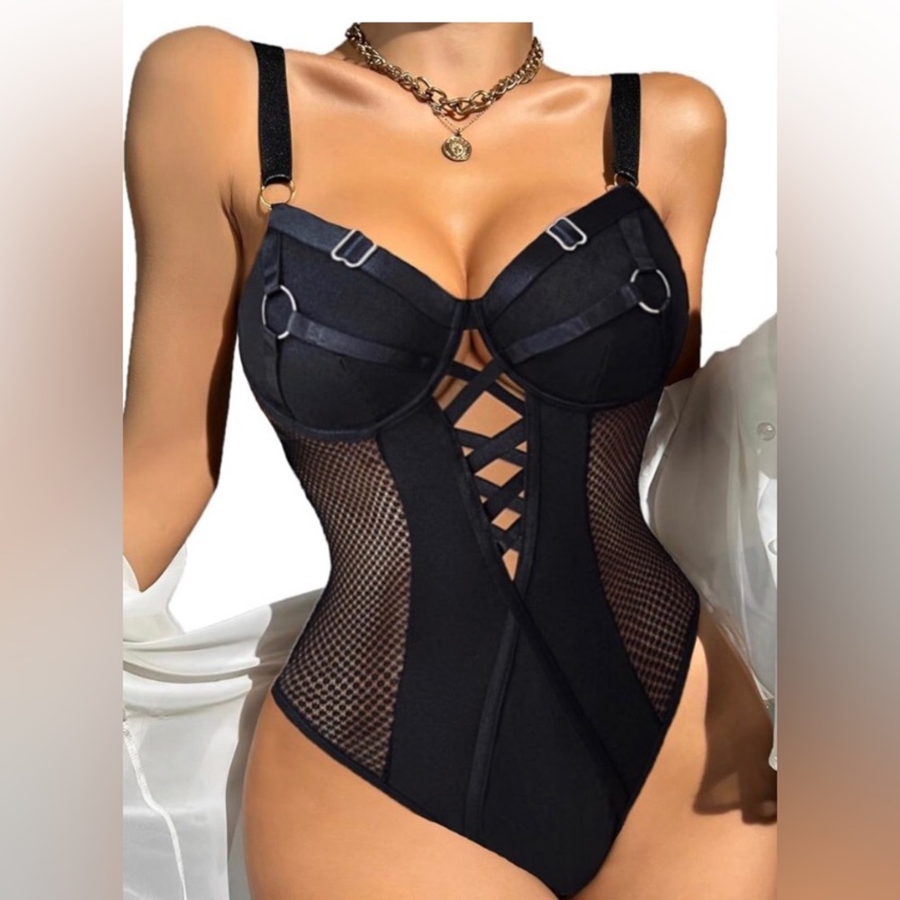 ❌SOLD❌ AvidLove 2XXL PLUS Black Lace up Front Corset Style Mesh Bodysuit NWT!!